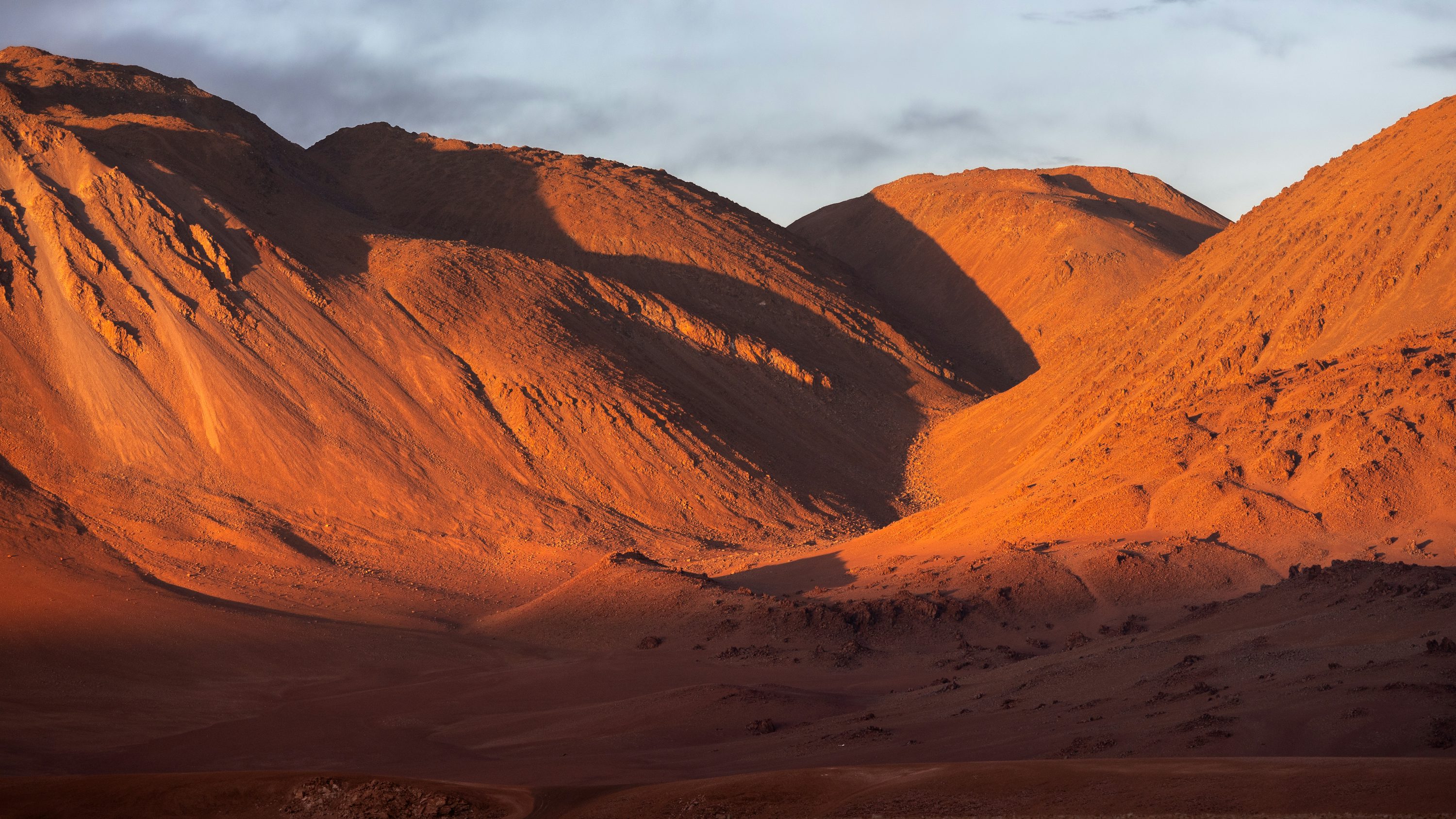 Sunlight and deep shadows across copper-colored desert ridges